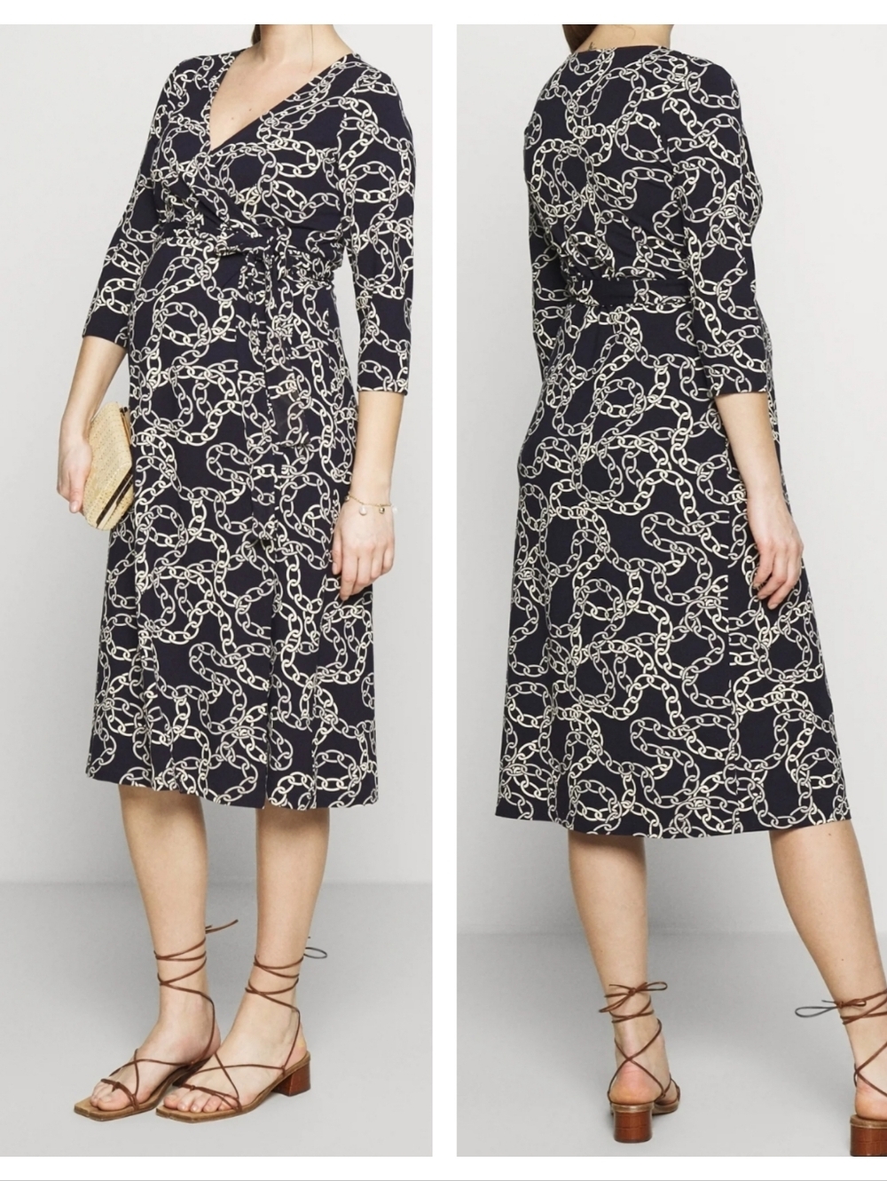 Seraphine Meternity Navy Wrap Jersey Dress Chain Print Size 6